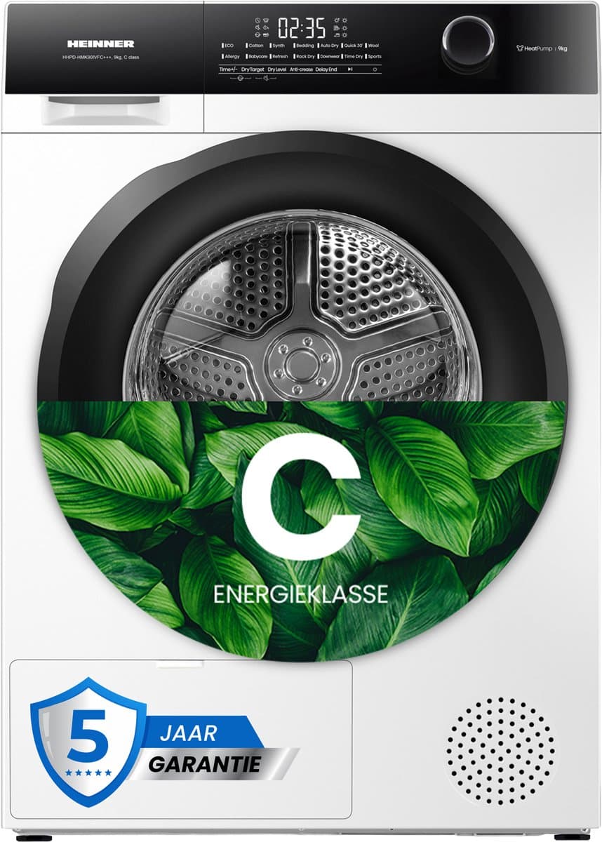 Heinner HHPD-HMK90IVFC+++ Warmtepompdroger – 9 kg – 14 programma’s – Touch Control – Schoendroogrek – Inverter – Kinderslot - Wit – 5 Jaar Garantie — afbeelding 1