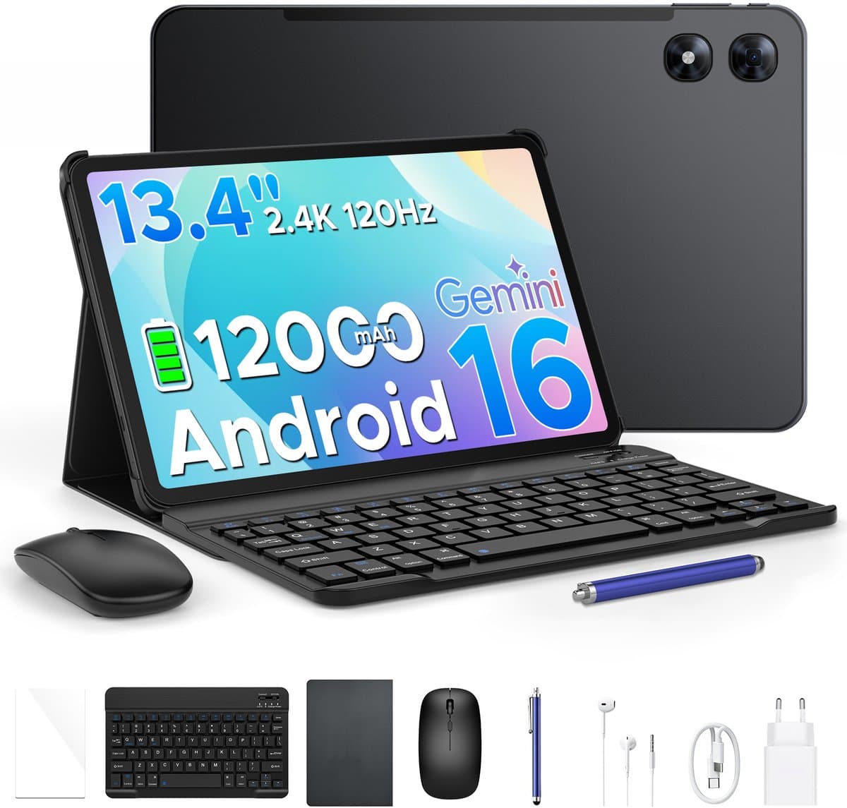 POCKAM P13 Pro Tablets - 12 GB RAM + 256 GB ROM (2 TB/TF) - 13,4 inch tablet FHD+ 120 Hz – Android 16 - UNISOC T7280 - 12000 mAh/18W - 4G LTE - Wi-Fi 5 - Bluetooth 5.0 - Inclusief toetsenbord, muis, Stylus en hoesje - Dubbele luidsprekers - Zwart — afbeelding 1