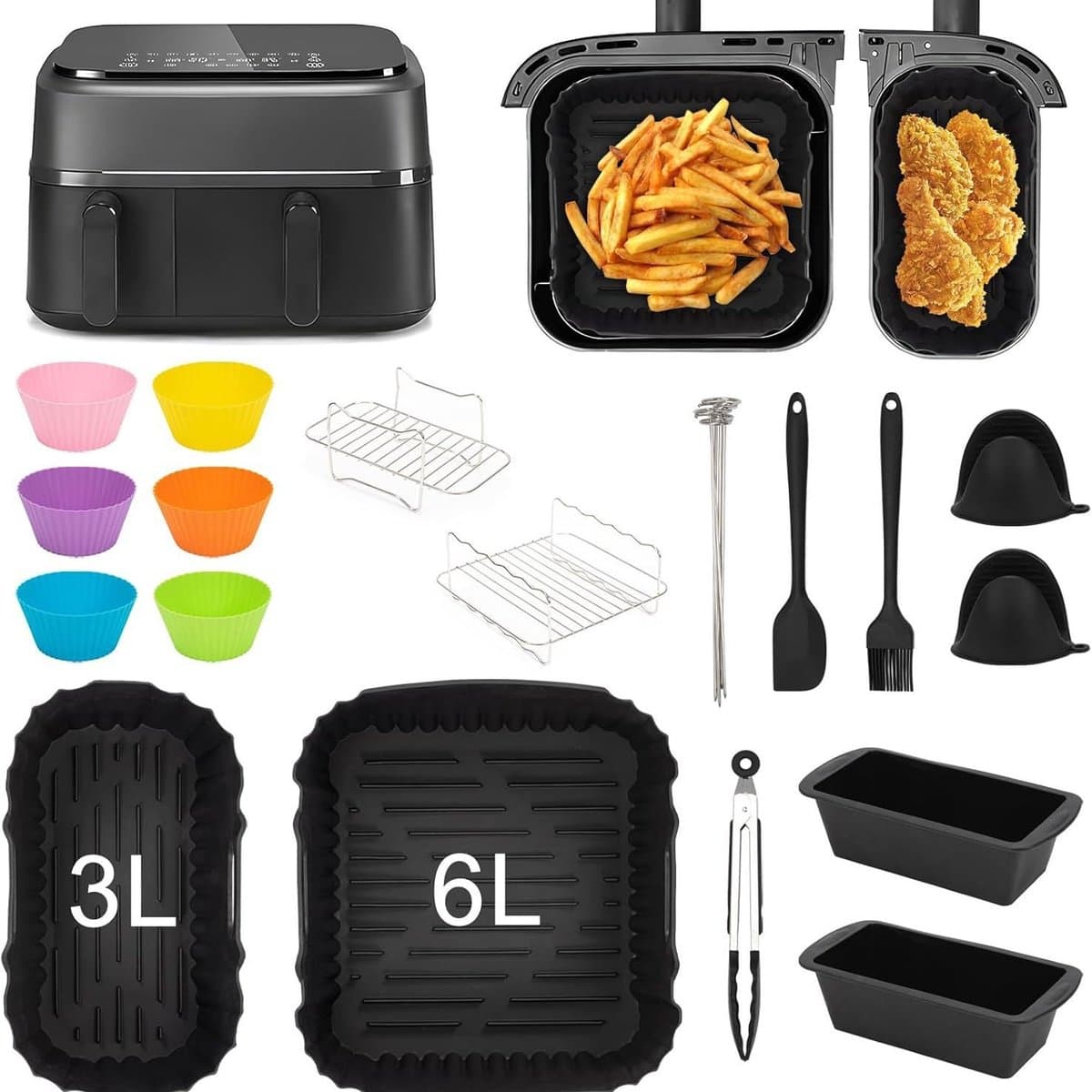 Heteluchtfriteuse Accesoires Set - Geschikt voor philips Airfryer Dual Basket 3000 Series NA350 - Inclusief siliconen vorm, grill, broodvormen en tangen - Airfryer accessoires — afbeelding 1
