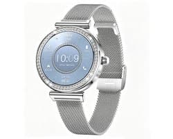 Knobbout Luxe Dames Smartwatch 1.27” met Kristallen – Bluetooth Bellen – HD Touchscreen – Hartslag, Bloeddruk & SpO₂ Monitoring – Vrouwelijke Gezondheidsfuncties – AI spraakassistent– IP68 Waterdicht – Zilver stalen band