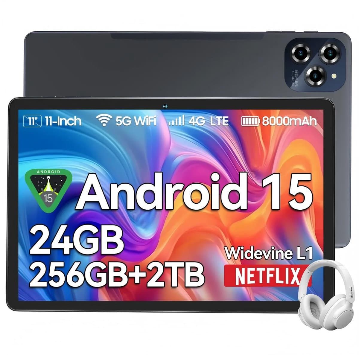 TABWEE Tablet - W90 Tablet - 8000 mAh - 11 Inch - 24GB RAM - 256GB ROM - met over-Ear hoofdtelefoon - Android 16 - WiFi 6 - Dubbele Simkaart - NETFLIX - Grijs — afbeelding 1